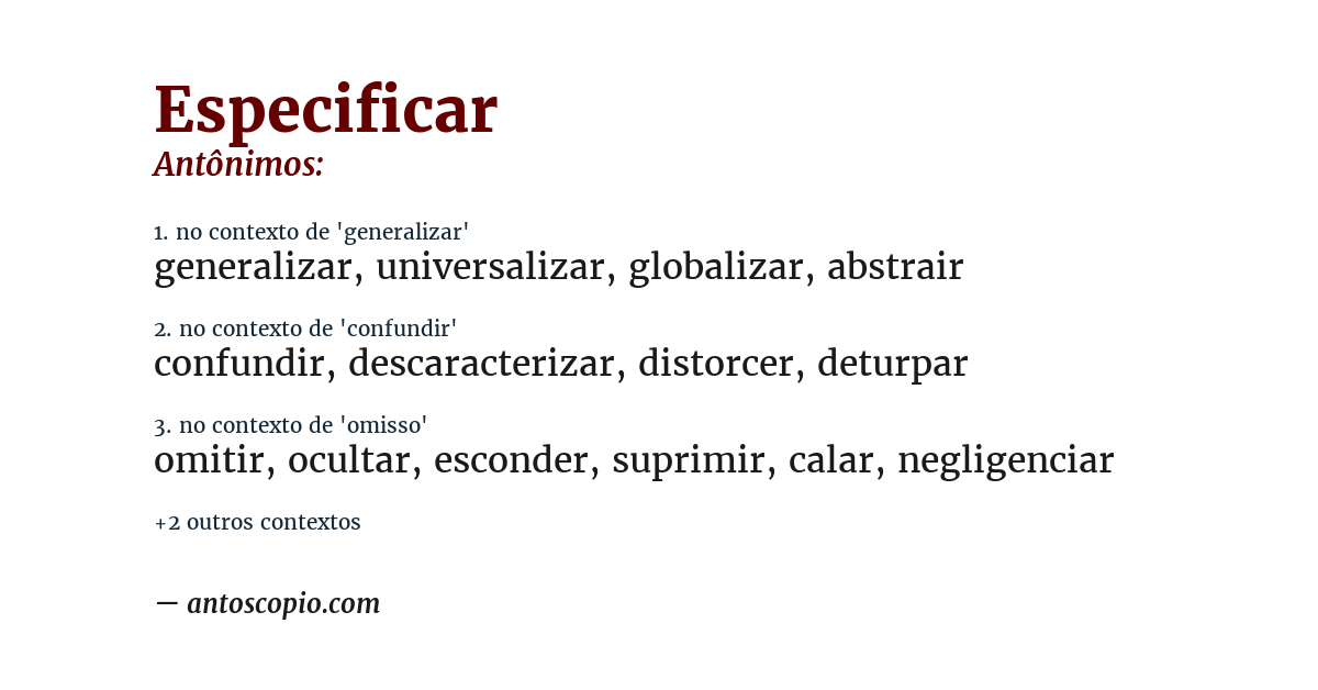 Antônimo de especificar
