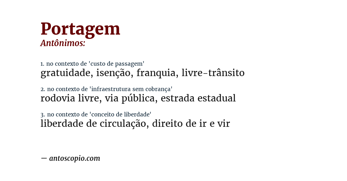 Antônimo de portagem