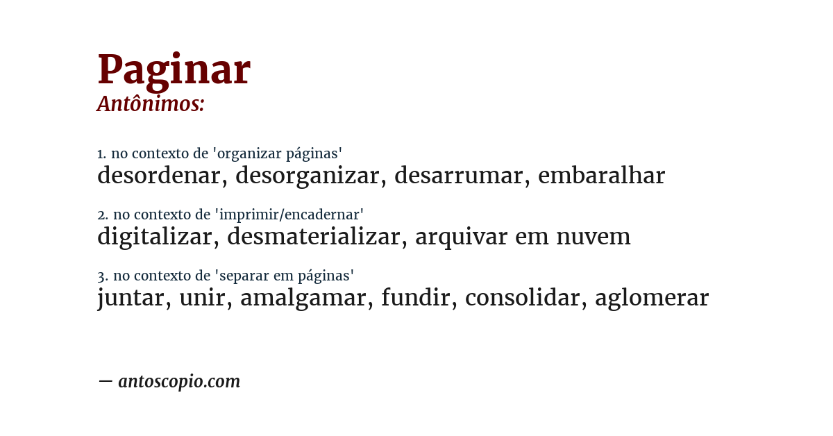Antônimo de paginar