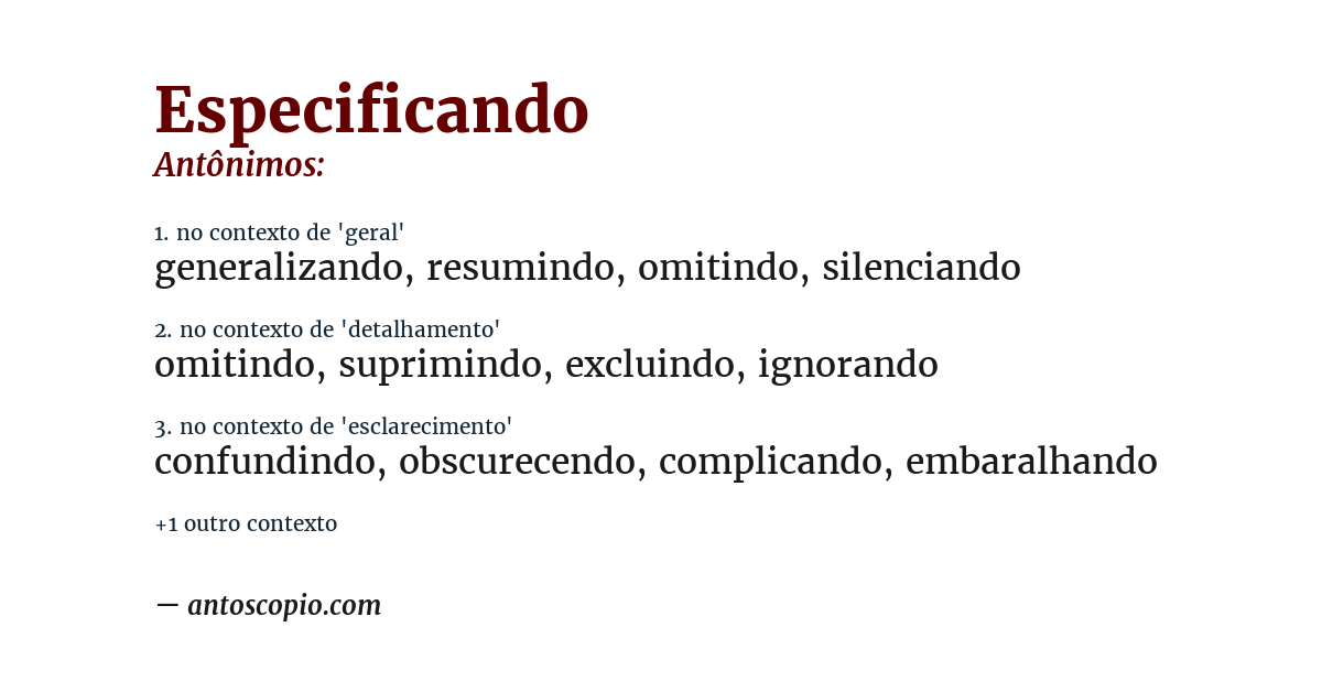 Antônimo de especificando