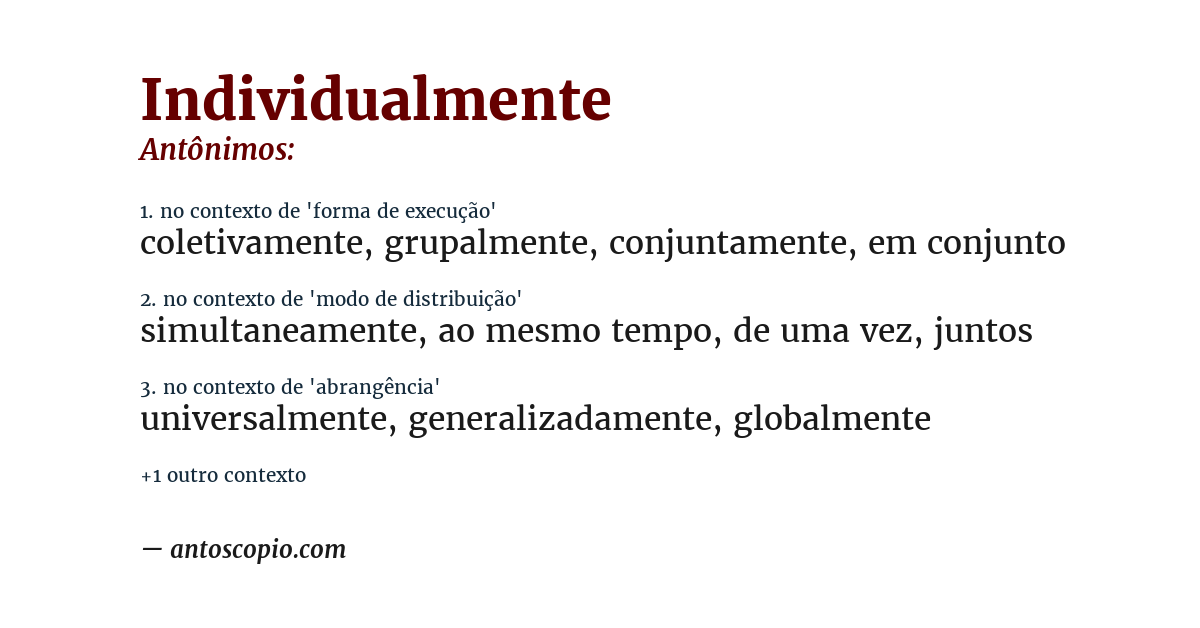 Antônimo de individualmente